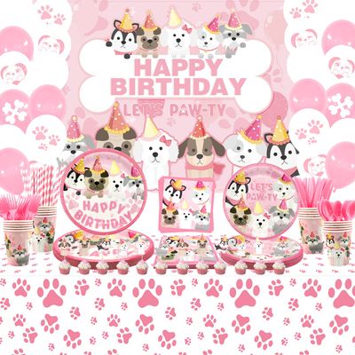 KEFAN Dog Party Supplies, Pink Dog Paw Birthday Tableware Party Decorations including Pink Dog Plates, Cups, Napkins, Tablecloth, Lets Party HAPPY BIRTHDAY Banner Backdrop, Balloons - Serves 20