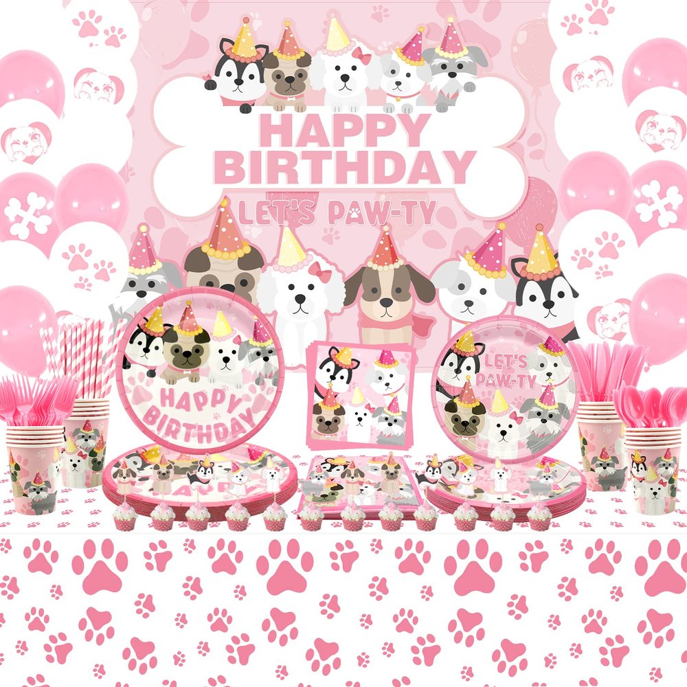 KEFAN Dog Party Supplies, Pink Dog Paw Birthday Tableware Party Decorations including Pink Dog Plates, Cups, Napkins, Tablecloth, Lets Party HAPPY BIRTHDAY Banner Backdrop, Balloons - Serves 20