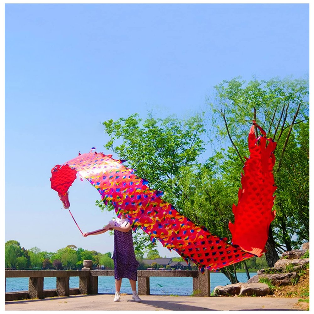 LXLZYXSF Chinese Dragon-Dancing Gymnastics Ribbons Throw Streamer with Rope, Flowy Spinning & Shaking Poi, Recreation and Fitness in One (Color : Red, Size : 10m/33ft)