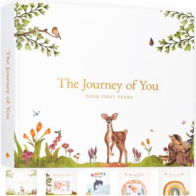 Baby Memory Book, 5-Year Milestone Journal and Keepsake Album, Gender Neutral Baby Book, Flat-Lay Hidden Wire-O Binding, FSC Archival Paper, Keepsake Gift Box, 108 Pages, Woodland Theme Scrapbook