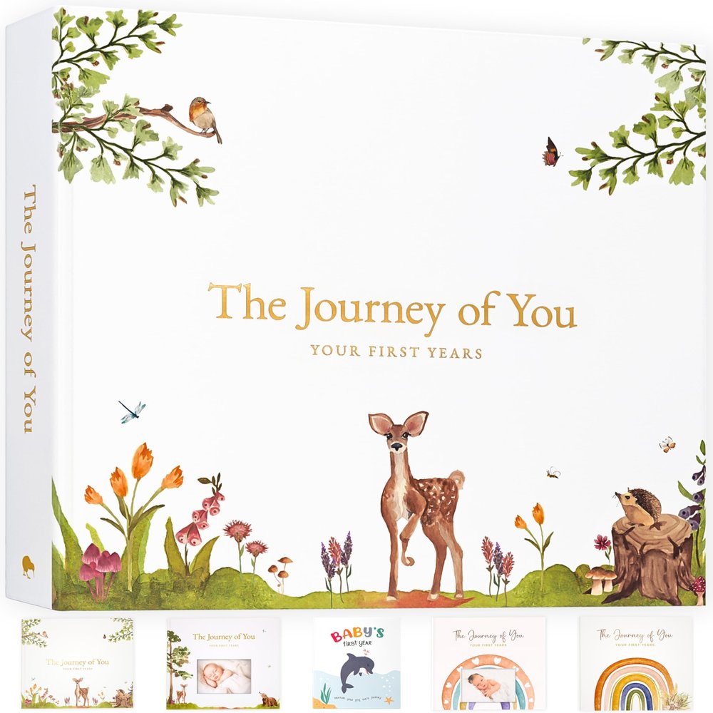 Baby Memory Book, 5-Year Milestone Journal and Keepsake Album, Gender Neutral Baby Book, Flat-Lay Hidden Wire-O Binding, FSC Archival Paper, Keepsake Gift Box, 108 Pages, Woodland Theme Scrapbook