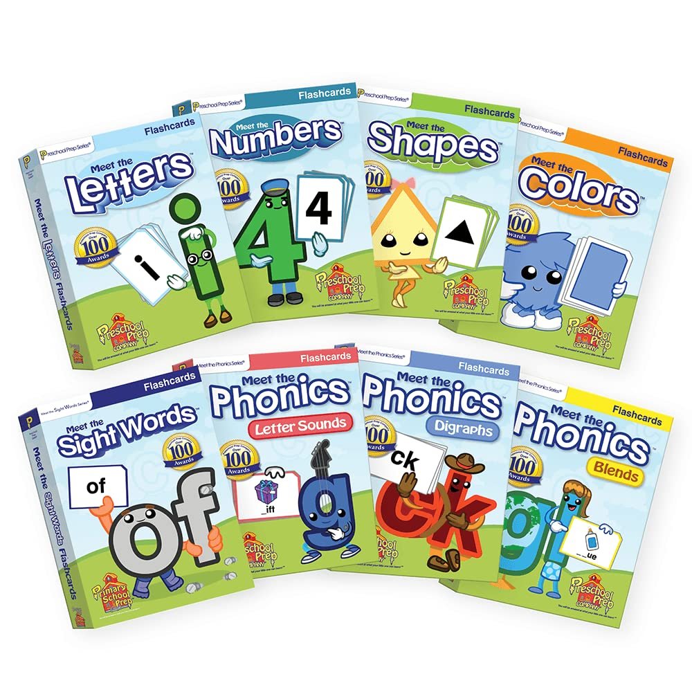 Preschool Prep Company Basics/Reading Flash Card Bundle w/ 8 Sets Meet The Letters, Numbers, Shapes, & Colors, Meet The Sight Words, Phonics Letter Sounds, Digraphs, & Blends Flashcards!