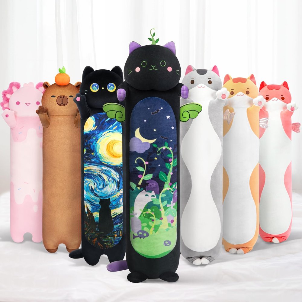 Mewaii Long Cat Plush 5 Sizes, 120% Extra Filling Giant Plushness Kids Body Pillow, Kawaii Cute Black Cat Stuffed Animals Plushies, Big Long Body Pillow Black Cat Plush Gift for Girls 28