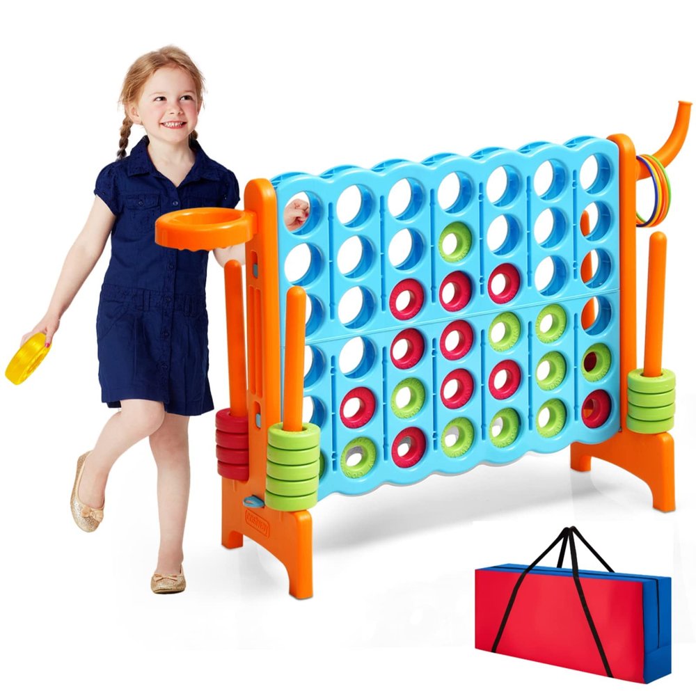 HONEY JOY Jumbo 4-to-Score Giant Game Set, 3-in-1 Indoor Outdoor Family Yard Game Set w/Basketball Hoop & Ring Toss, 42 Jumbo Rings, Quick-Release Slider, Giant 4-in-A-Row for Kids & Adults