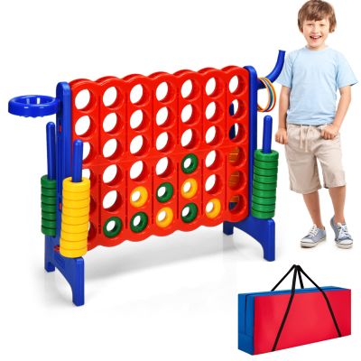 HONEY JOY Jumbo 4-to-Score Giant Game Set, 3-in-1 Indoor Outdoor Family Yard Game Set w/Basketball Hoop & Ring Toss, 42 Jumbo Rings, Quick-Release Slider, Giant 4-in-A-Row for Kids & Adults