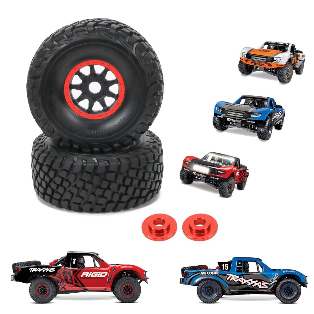 RCAWD RC Wheel Rims and Tires for 1/7 UDR Unlimited Desert Racer 85086-4 Upgrades & 1/7 ARRMA Mojave 6S Parts, Glued Nylon Wheels and Tires #8474 Red
