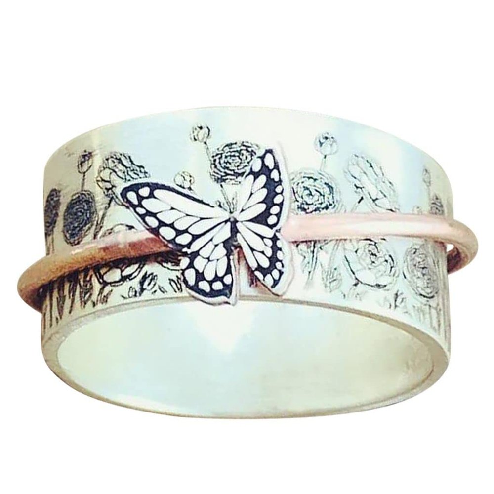 Butterfly Meditation Spinner Ring, Smooth Butterfly Rotating Ring, Personalized Retro Inspiration Ring for Relieving Stress Anxiety Ring Engagement Ring, Size 7
