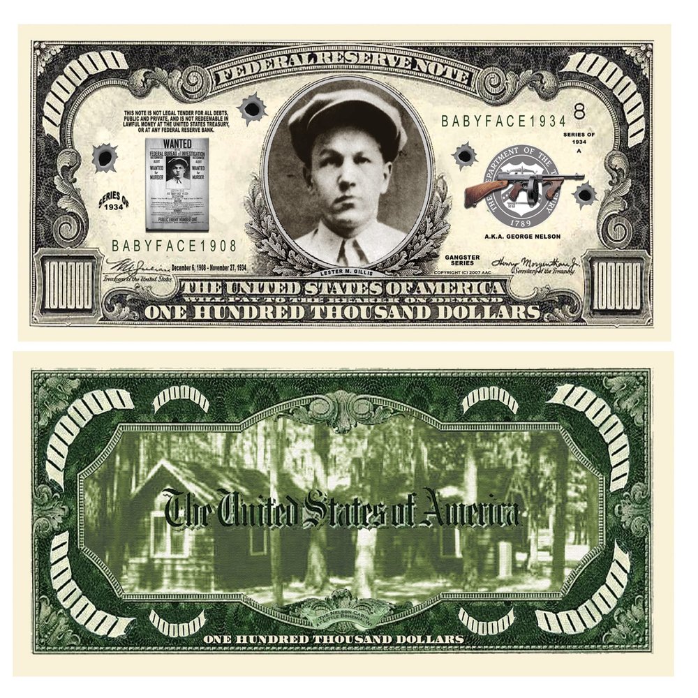 American Art Classics Pack of 100 - Baby Face Nelson $100,000.00 One Hundred Thousand Dollar Bill - Best Gift for Gangster Fans
