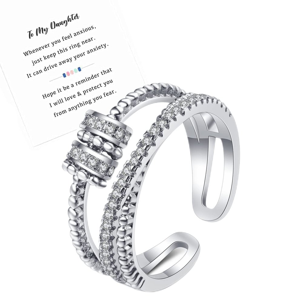 Askljeby To My Daughter Ring Fidget Ring for Women, 18K Gold Anxiety Ring Daughter Gift from Mom Cubic Zirconia Adjustable Thumb Stress Anxiety Relief Ring for Women with Beads Spinner, Silver