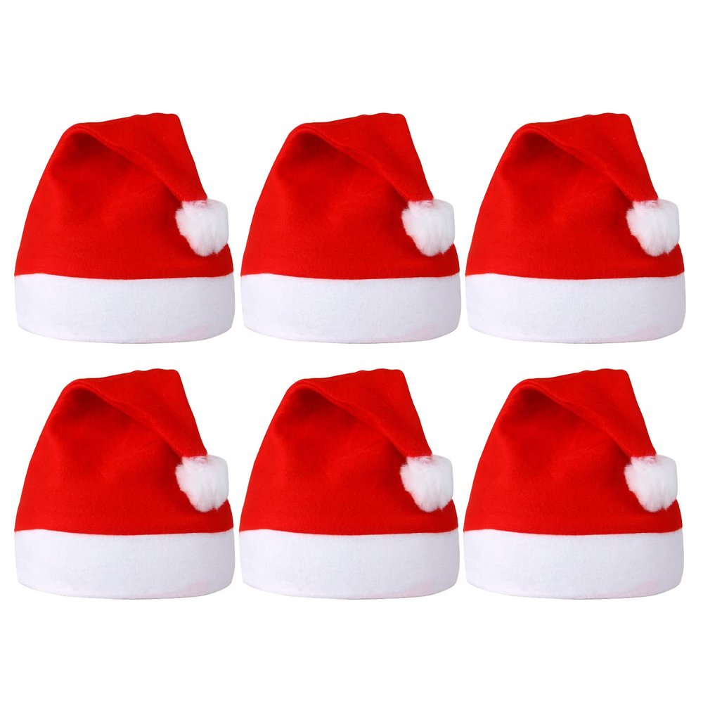 SULOLI Christmas Santa Hats, 6 Pack Xmas Comfort Plush Red and White Holiday Hats for Christmas Festive Holiday Party Supplies