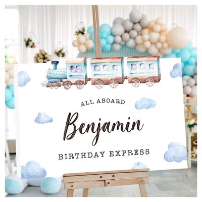 Personalized Train Themed Birthday Party Welcome Sign - Customized Railroad Party Signs - Express Train Birthday Party Welcome Board - Train Adventure Party Props (Acrylic)