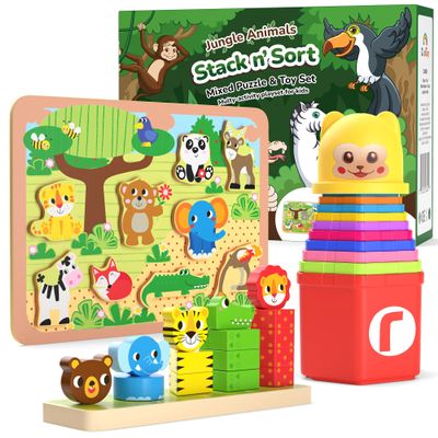 CoolToys Stack n' Sort Baby Toddler Learning Toys, 3 Developmental Educational Game Set, Nesting & Stacking Cups, Shape & Color Sorting Stackable Wooden Pieces, Montessori Wooden Puzzle, Jungle Theme