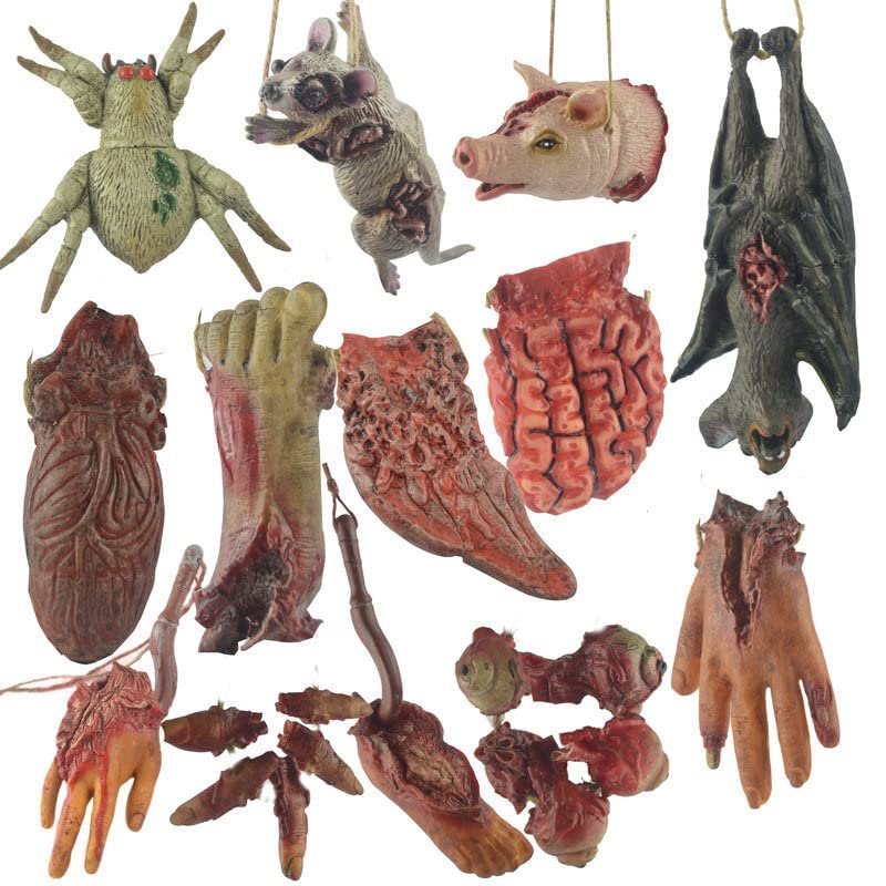 AngryMonkey Halloween Fake Scary Realistic Severed Hand Broken Body Parts Fake Hand,Fake Foot Decoration,Human Residual Limb Pendant, Suitable for Halloween Party Decorations Supplies (13pcs)
