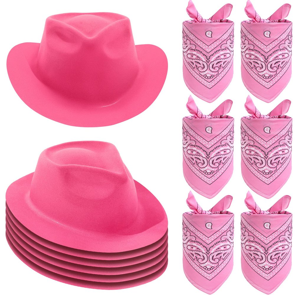 Haysandy 6 PCS Western Cowboy Hat Set - Cowgirl Hat and Bandana Set for Halloween Birthday Kids Western Costume Party(Pink,Flocking)