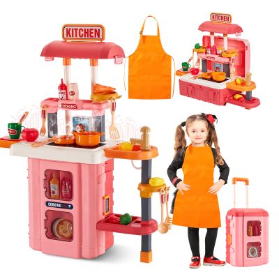 3-in-1 Kids & Toddler Play Kitchen - Interactive Kitchen Playset with Real Cooking Sounds & Lights, 50 Accessories & Flowing Water Feature, Portable Travel Suitcase Design Learning Toys for Ages 2-6