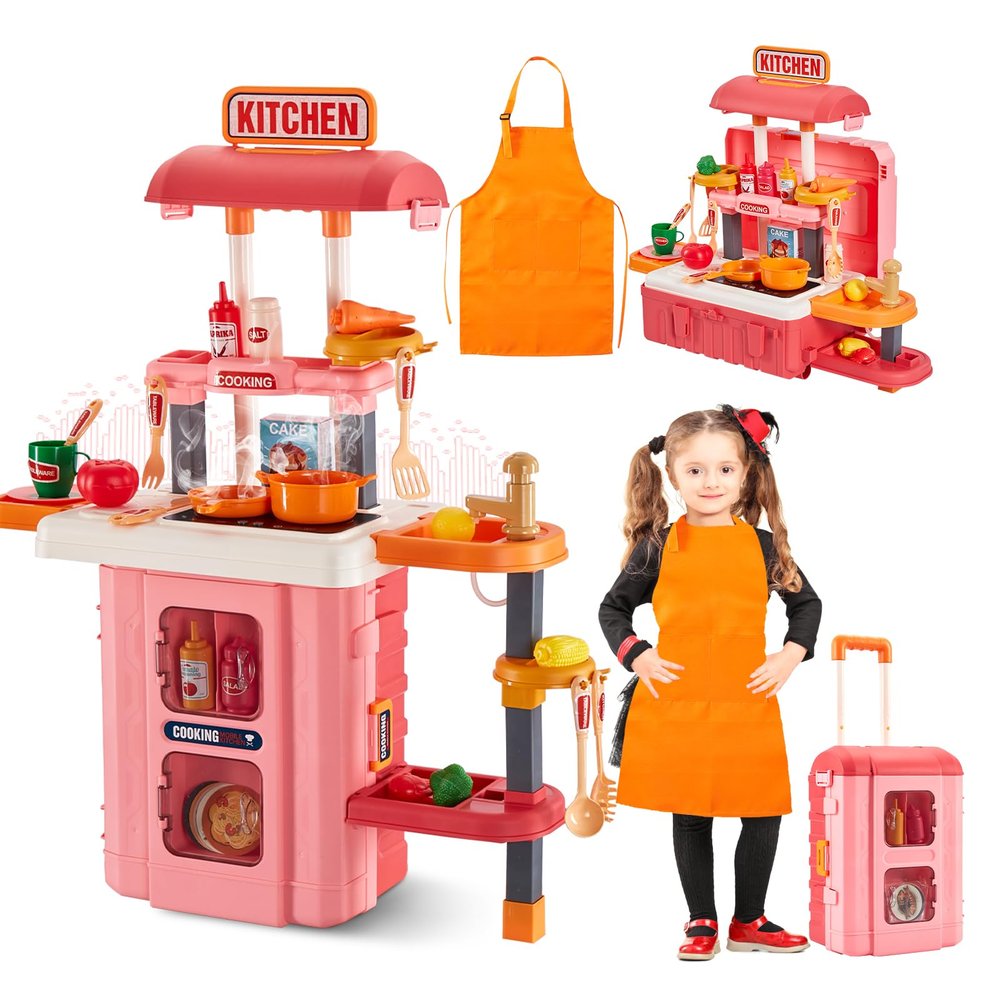 3-in-1 Kids & Toddler Play Kitchen - Interactive Kitchen Playset with Real Cooking Sounds & Lights, 50 Accessories & Flowing Water Feature, Portable Travel Suitcase Design Learning Toys for Ages 2-6