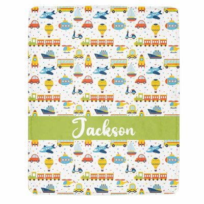 Personalized Transportation Kids Baby Throw Blanket with Name, Cars Airplane Cartoon Vehicles Baby Boy Swaddle Blanket, for Toddler Kids Bedding Nursery Blanket 50"x60"