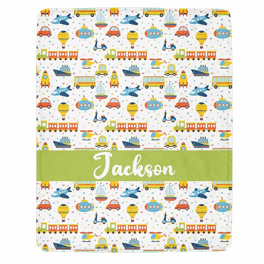 Personalized Transportation Kids Baby Throw Blanket with Name, Cars Airplane Cartoon Vehicles Baby Boy Swaddle Blanket, for Toddler Kids Bedding Nursery Blanket 50"x60"