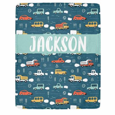 Artsadd Personalized Transportation Kids Baby Throw Blanket with Name, Cars Traffic Signs Baby Boy Swaddle Blanket, for Toddler Kids Bedding Nursery Blanket 50"x60"