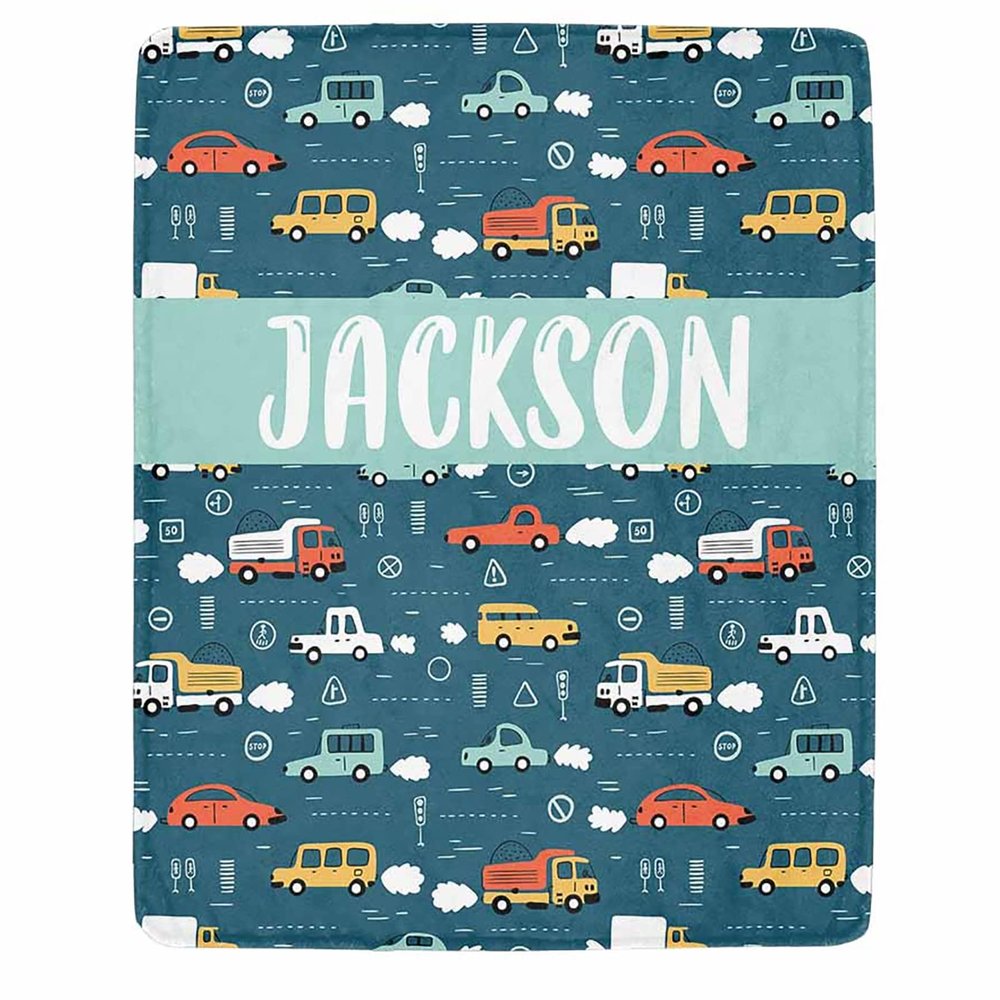 Artsadd Personalized Transportation Kids Baby Throw Blanket with Name, Cars Traffic Signs Baby Boy Swaddle Blanket, for Toddler Kids Bedding Nursery Blanket 50"x60"