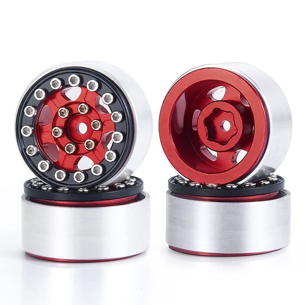 WEFEINO 4Pcs 1.0" Micro Beadlock Wheels Rim Crawler Wheels for 1/24 Axial SCX24 Bronco Deadbolt C10 RC Crawler Car (Red+Black)
