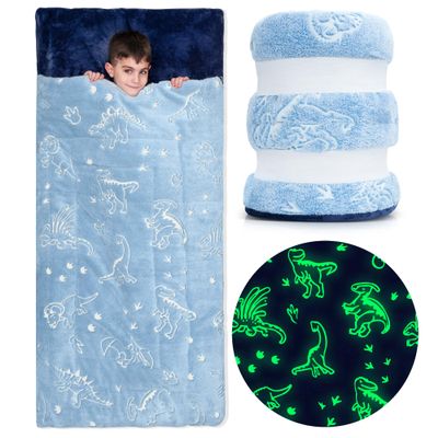 Kids Sleeping Bag for Boys, Dinosaur Sleeping Bags for Kids 2-12, Glow in The Dark, Sleeping Bag for Toddlers with Pillow Pocket, Ages 3+, Extra Soft Sleeping Bag for Kid - Kids Blanket (66'' x 33")