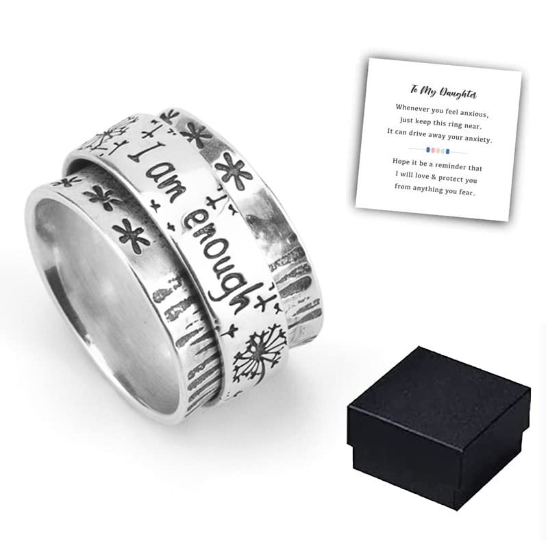 KUYN for Daughter - Drive Away Your Anxiety You are Enough Fidget Ring, S925 Sterling Silver Spinner Fidget Rings, Dandelion Meditation Inspirational Rings, Flower Anti Anxiety Ring for Women (5)
