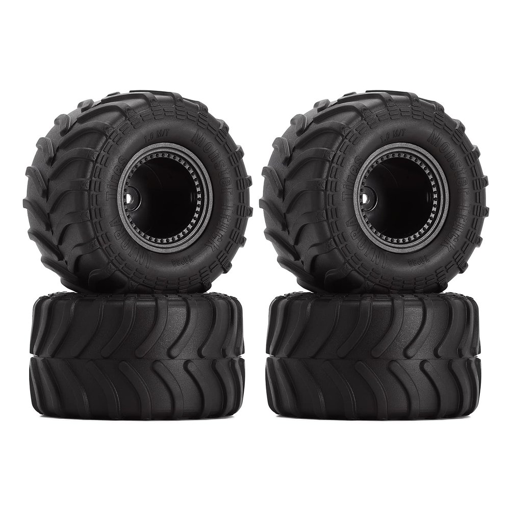 INJORA Monster Truck Wheel Rim Tires Set for Axial SCX24 FMS FCX24 and TRX4MT, 70 * 38mm, MT1012(Black)