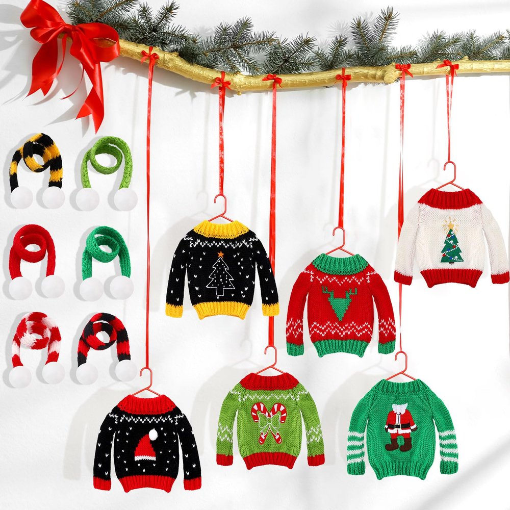 12 Pcs Christmas Doll Clothes Accessories Set, Sweater Christmas Doll Scarf Elk Snowflake Xmas Tree Print Small Sweater Knitted Clothing Outfit(Santa)