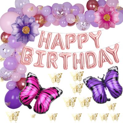 HOMEZZO Isabella Party Decorations - Rose Gold Happy Birthday Banner, Butterfly Isabella Balloon Garland Arch, 3D Butterfly Stickers for Birthday Party Supplies