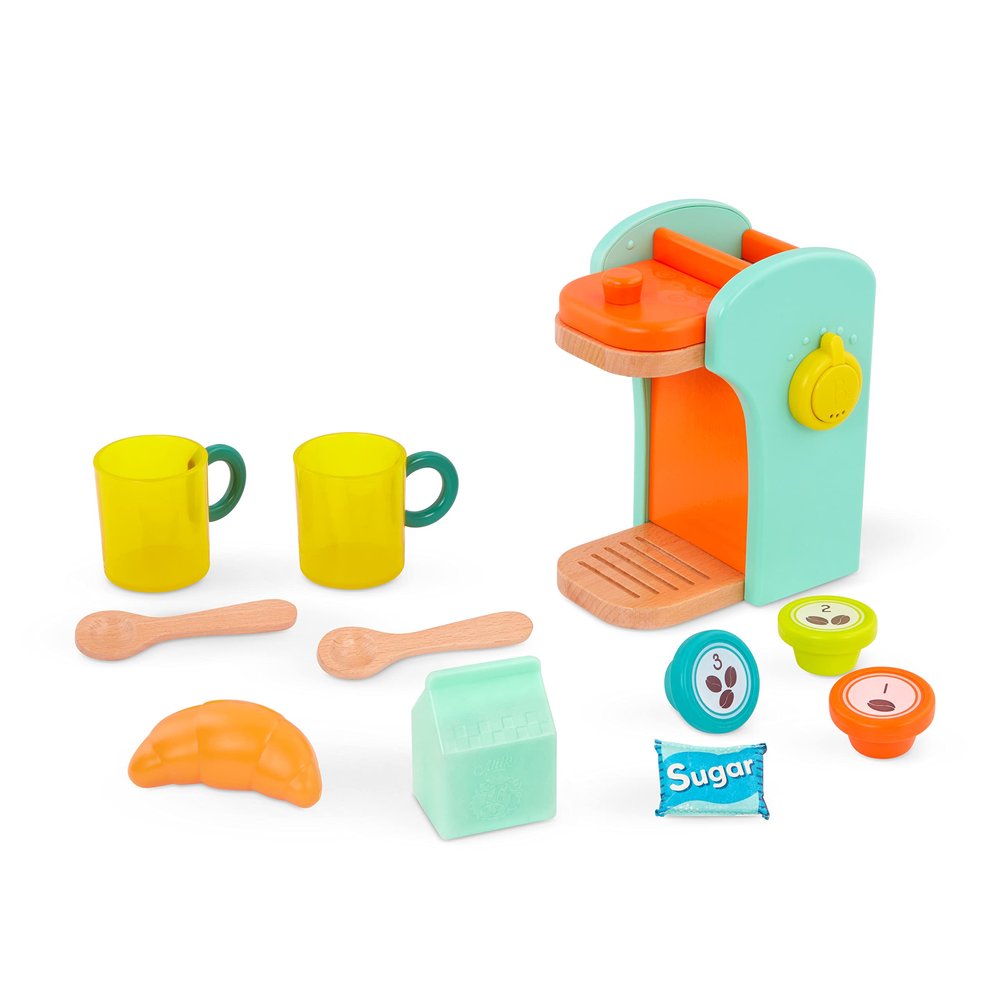 B. toys  Caf au Play  Pretend Play Wooden Coffee Maker for Kids  Wooden Coffee Machine Set  10 Pretend Play Accessories  Kitchen Play Set  2+ Years