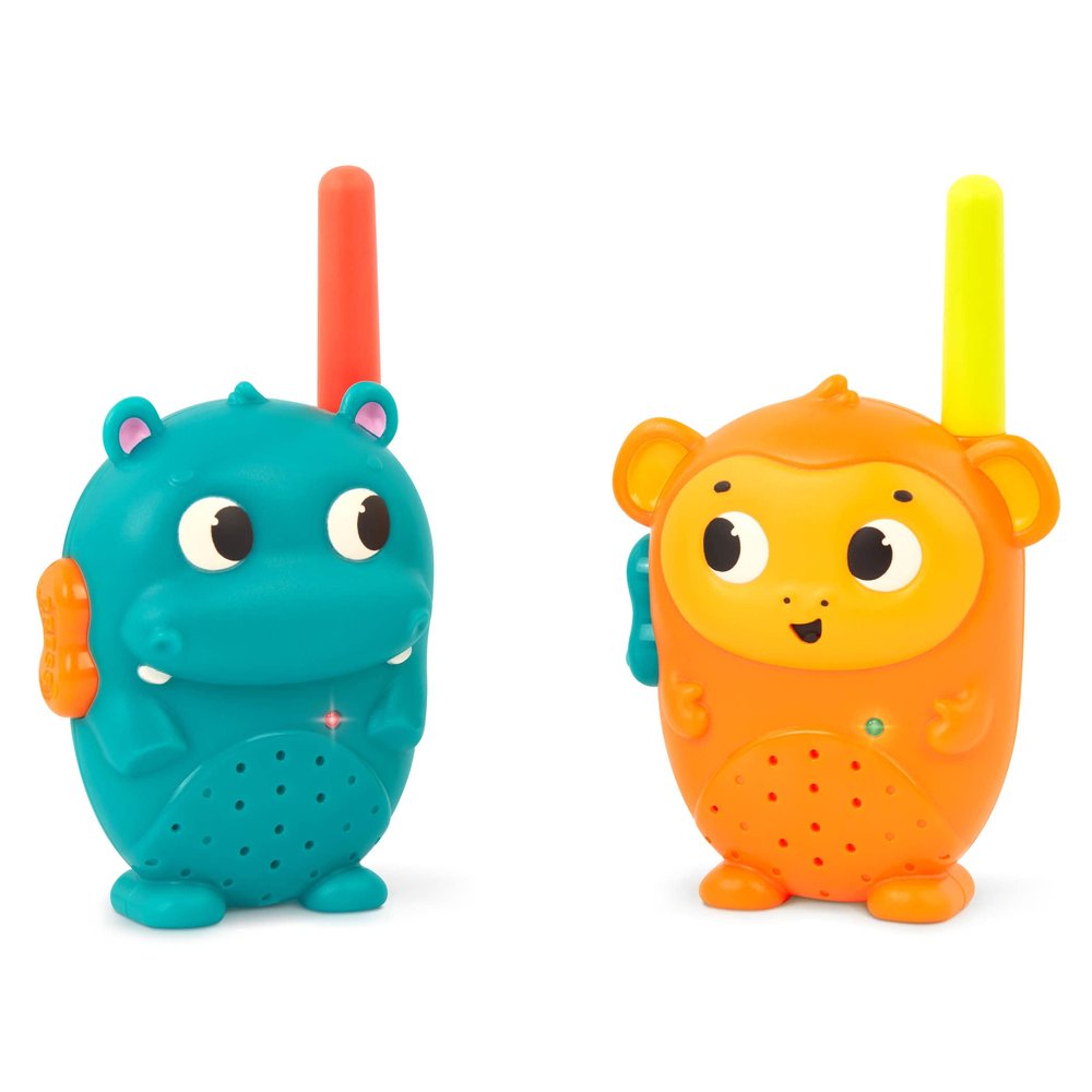B. toys  Hippo & Monkey Walkie-Talkie Set  Two-Pack Play Communication Devices with 100-Foot Range  Promote Outdoor Exploration, Social Skills in Kids  Designed for Ages 3+