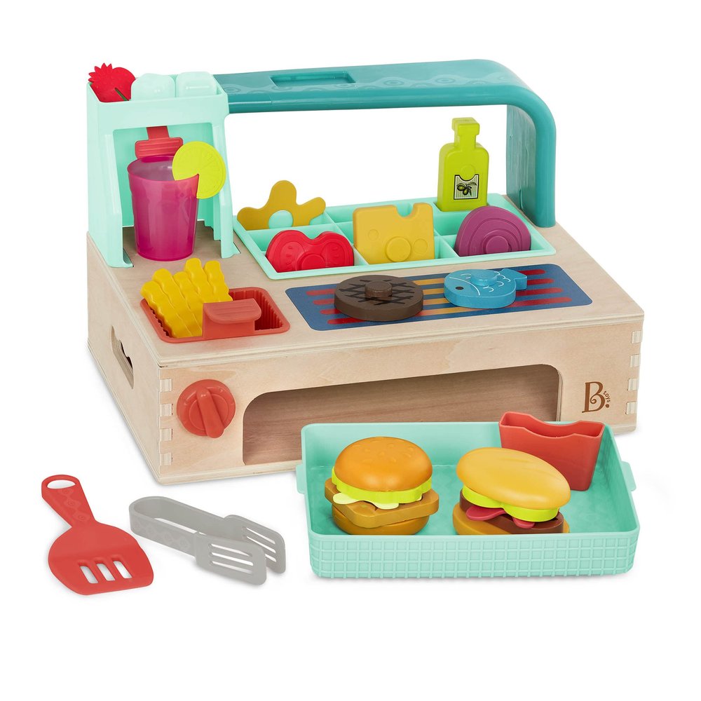 B. toys  Mini Chef  Build  a  Burger Playset  Pretend Play Wooden Burger Play Set  Play Food & Role  Play Accessories  Cooking Toys for Kids  3+ Years