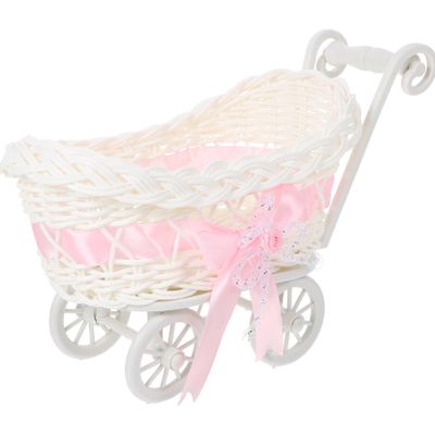 STOBOK Mini Wicker Stroller Decoration Rattan Doll Carriage Woven Candy Basket Centerpiece Decor for Baby Shower Party Favors - Pink