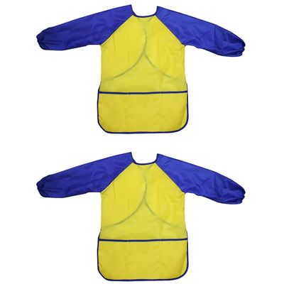 2 Pack Kids Art Smocks Waterproof Children Artist Painting Drawing Aprons Long Sleeve with 3 Pockets Size S for Age 3-5 Years (Yellow Blue)