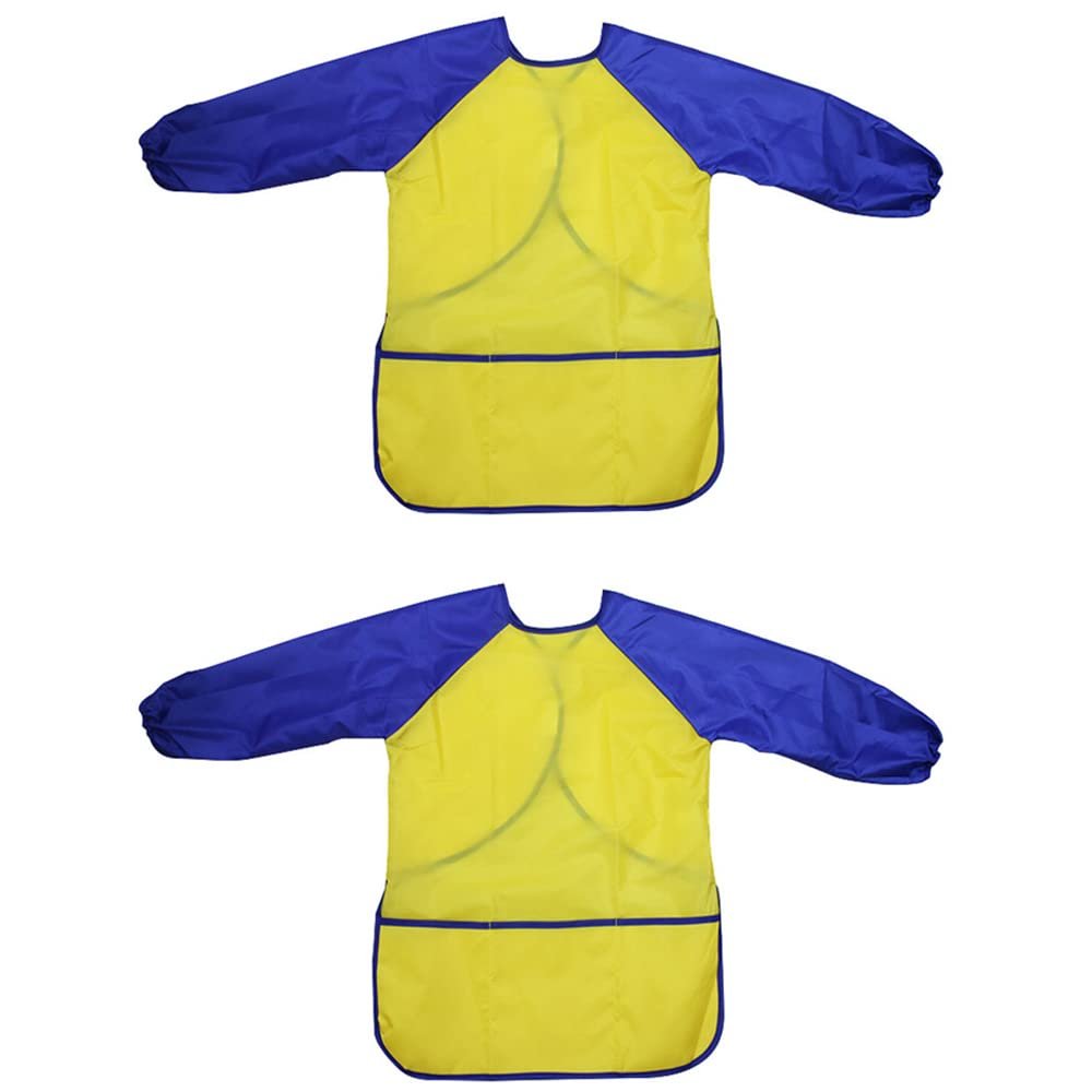 2 Pack Kids Art Smocks Waterproof Children Artist Painting Drawing Aprons Long Sleeve with 3 Pockets Size S for Age 3-5 Years (Yellow Blue)
