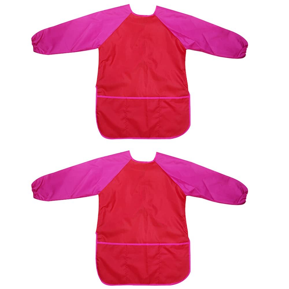 2 Pack Kids Art Smocks Waterproof Children Artist Painting Drawing Aprons Long Sleeve with 3 Pockets Size S for Age 3-5 Years (Red)