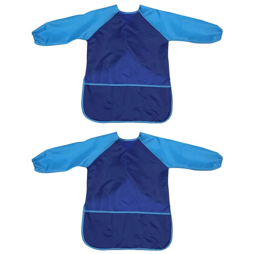 2 Pack Kids Art Smocks Waterproof Children Artist Painting Drawing Aprons Long Sleeve with 3 Pockets Size L for Age 8-10 Years (Blue)