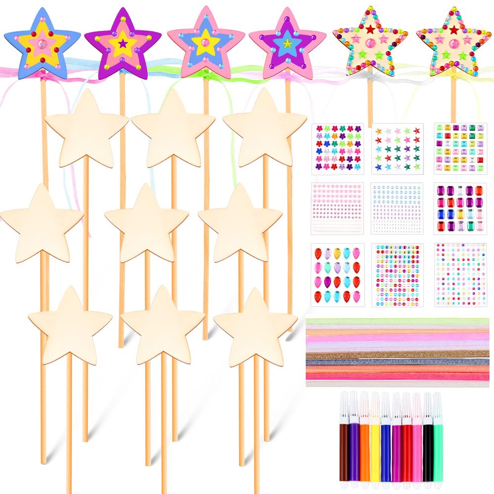 Chinco 57 Pcs Star Princess Fairy Wands Kit Make Your Own Princess DIY Art Craft Magical Wand Include 18 Star Wooden Fairy 9 Gem Stickers 20 Ribbons 10 Markers Party Supply