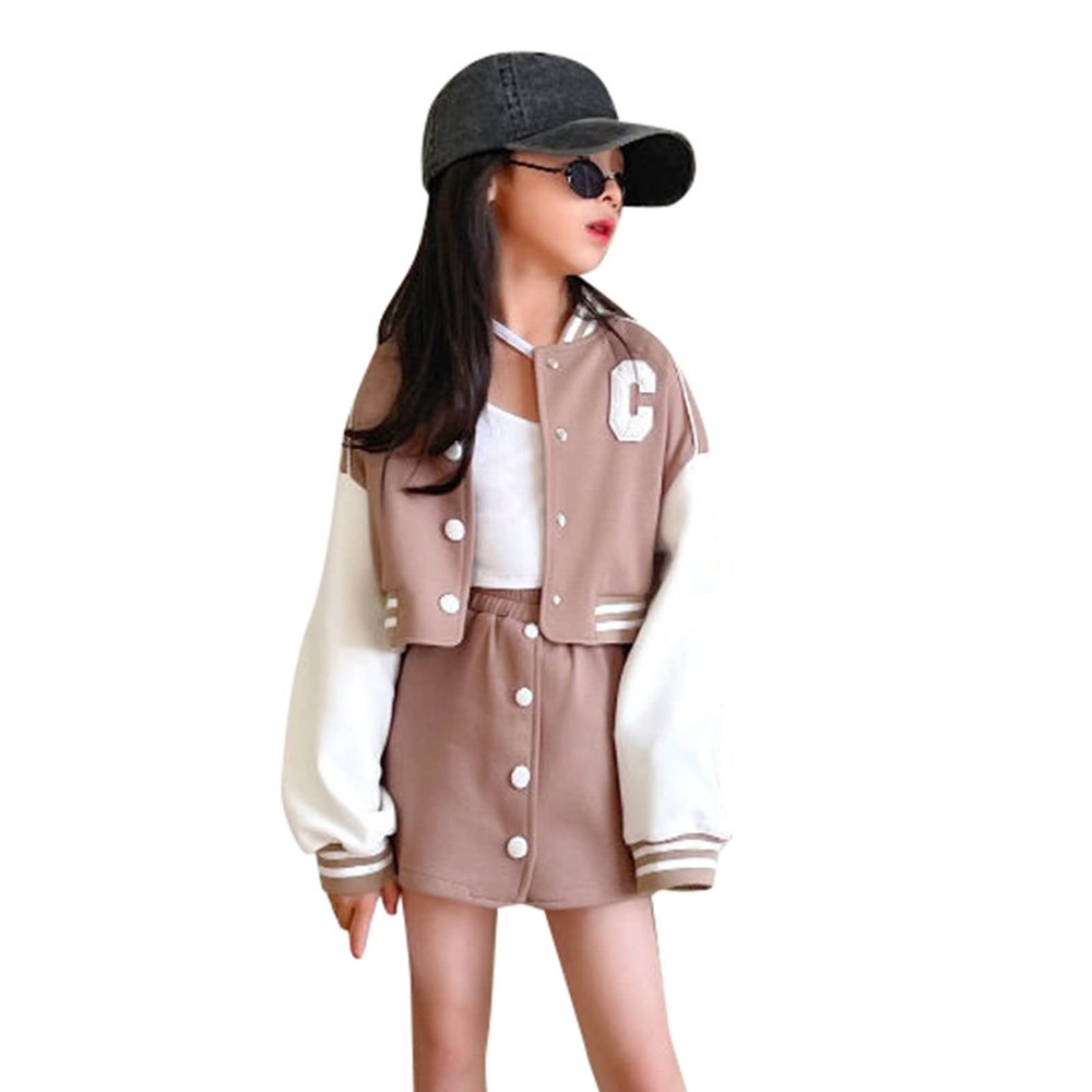Children Kids Toddler Girls Long Sleeve Patchwork Baseball Coat Jacket Outer Patchwork Skirt Baby (Khaki, 9-12 Years)