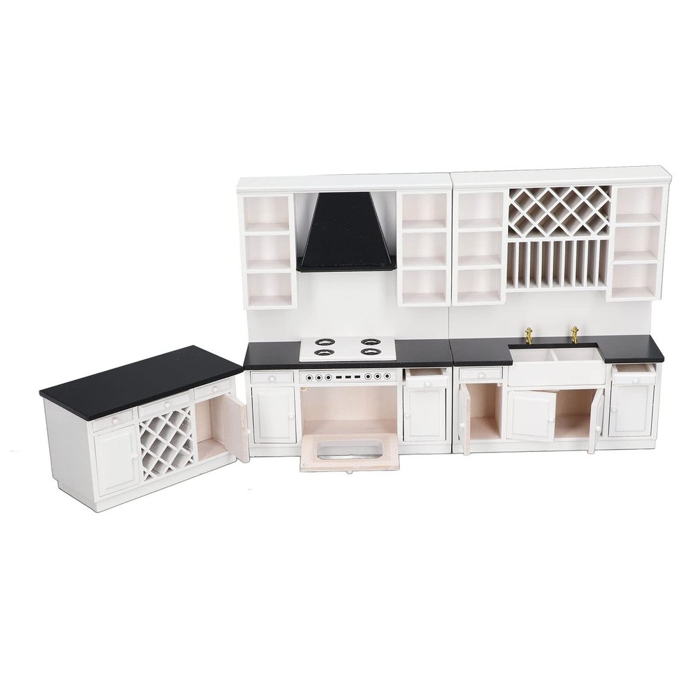 CUEI Miniature Dollhouse Furniture Kitchen Set, 1:12 Scale Wooden Kitchen Cabinet Set, White Dollhouse Decoration Accessories for Dining Room