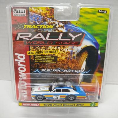 Auto World SC380-1A Rally World Stage 1975 Escort Mk1 HO Scale Electric Slot Car - White with Blue, Yellow, and Red
