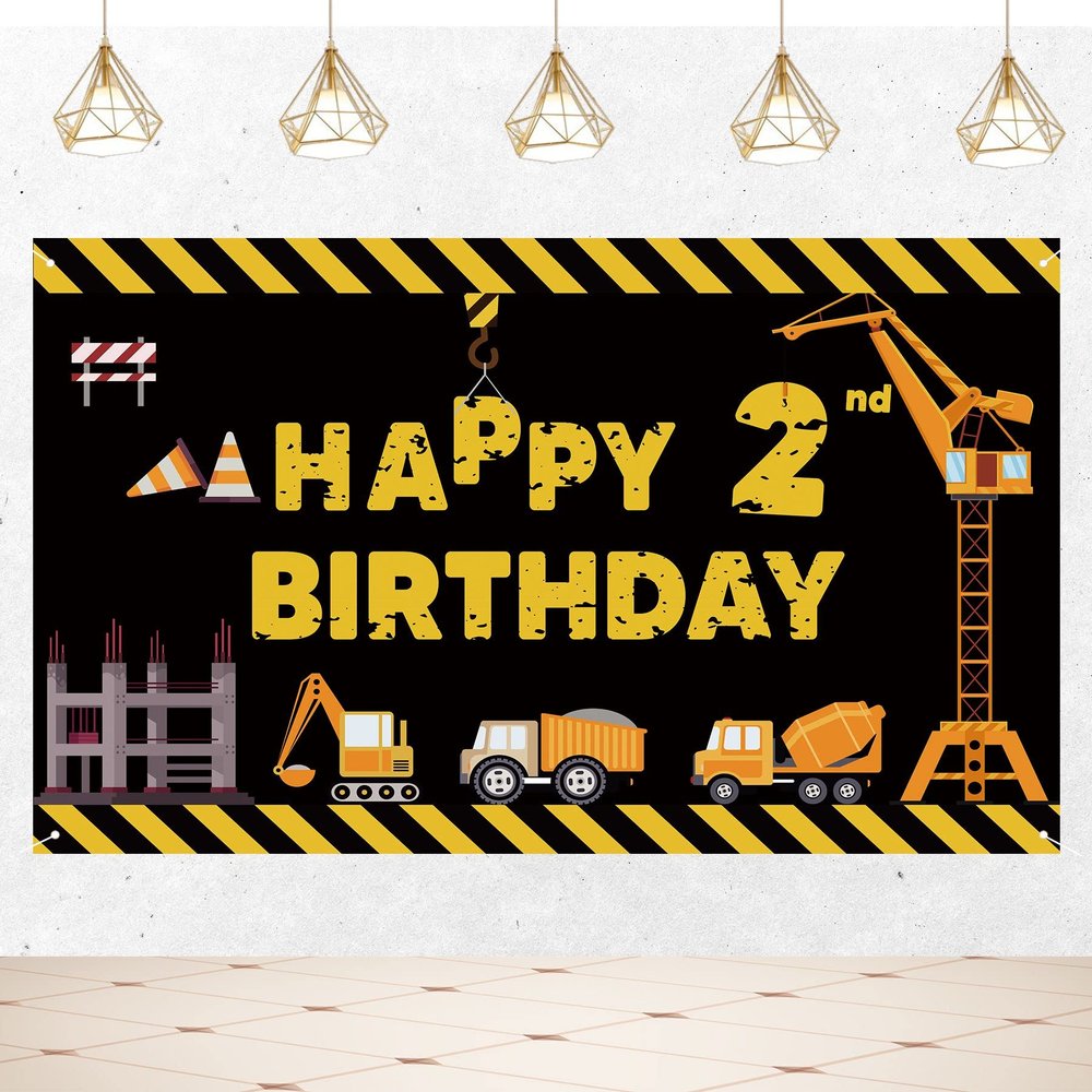 Construction Theme Happy 2nd Birthday Backdrop Banner Decorations, Yellow Black Excavator Crane & Dump Truck Second Birthday Photo Props, 5*3ft