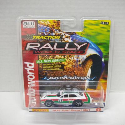 Auto World SC380-1B Rally World Stage 1975 Escort Mk1 HO Scale Electric Slot Car - White with Green and Red