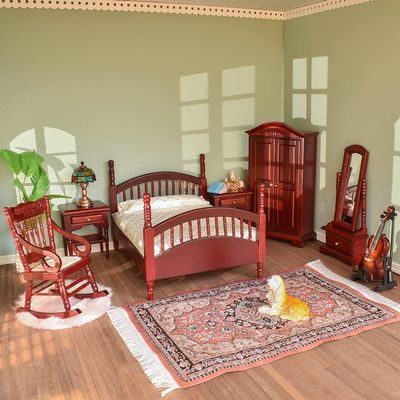 iLAND Vintage Dollhouse Furniture 1/12 Scale, Kids Dollhouse Bedroom Furniture in Mahogany Color incl Dollhouse Bed & Mirror Full Length & Wardrobe & Bedside Table & Rocking Chair (Brewster 7pcs)