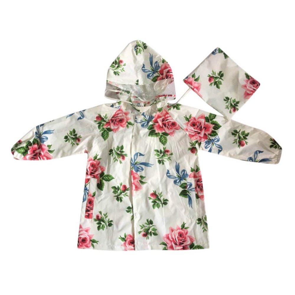 Children Kids Boy Girl Raincoat Rain Floral Print Lightweight Rainwear Slicker Light Jacket for (White, 10-12 Years)