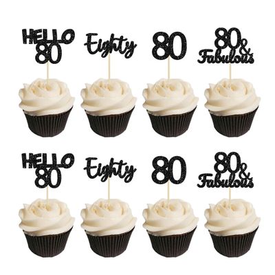 Gyufise 24Pcs 80th Birthday Cupcake Toppers Hello 80 Cake Toppers Eighty 80 and Fabulous Cupcake Picks 80th Birthday Cake Decorations Supplies Black