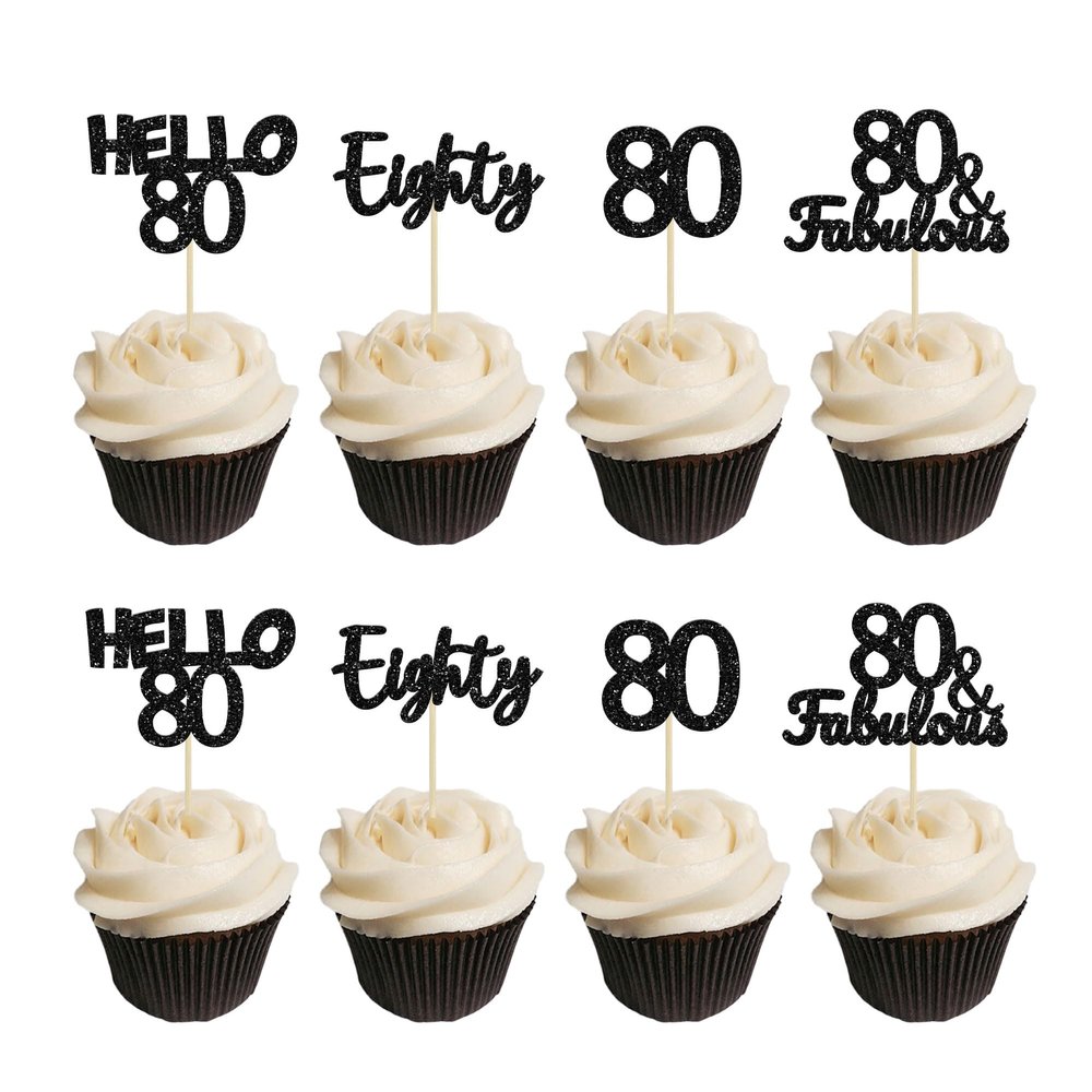 Gyufise 24Pcs 80th Birthday Cupcake Toppers Hello 80 Cake Toppers Eighty 80 and Fabulous Cupcake Picks 80th Birthday Cake Decorations Supplies Black