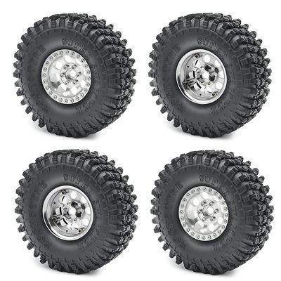 RCHUBAM 1.9" Beadlock Wheels and 120mm Rubber Tires Set for 1/10 Axial SCX10 CC01 D90 RC Crawler Car (Silver)