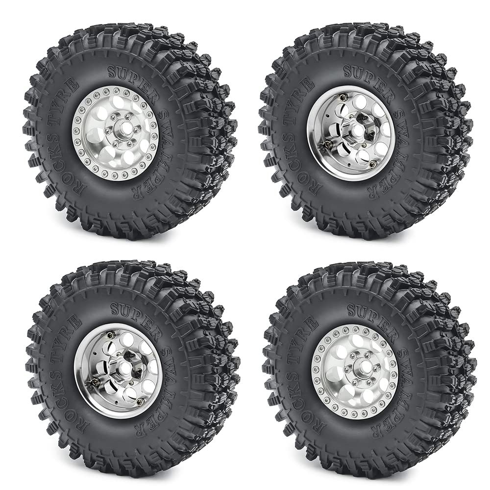 RCHUBAM 1.9" Beadlock Wheels and 120mm Rubber Tires Set for 1/10 Axial SCX10 CC01 D90 RC Crawler Car (Silver)